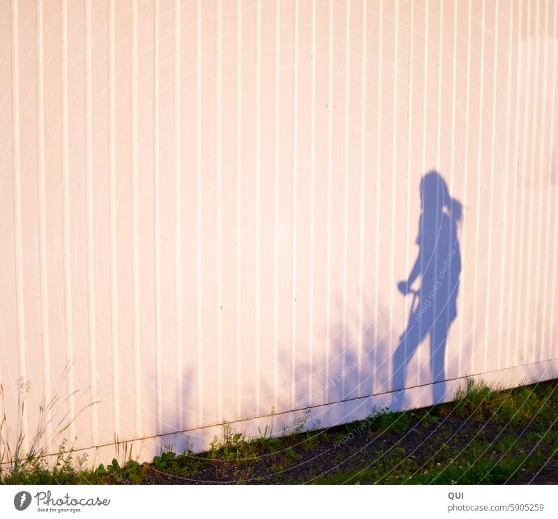 Schatten-Mädchen auf einem Roller Kind Roller fahren Schattenfigur Kinder Spielen Spaß Bewegung Sonne Sommer Gras Tretroller Fahrzeug Sport Wand Streifen Zopf