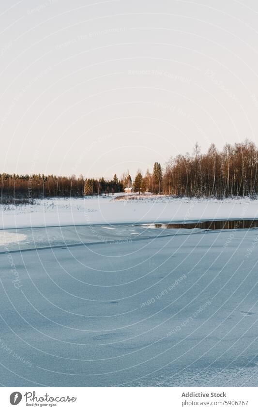 Winterliche Landschaft in Lappland mit halbgefrorenem See Luftaufnahme Wald Schnee Eis Natur kalt verschneite natürlich unberührt Drohnenansicht Wildnis