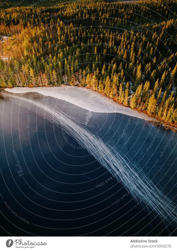 Luftaufnahme eines zugefrorenen Flusses, der sich durch einen dichten Wald schlängelt Taiga Herbst Lappland Natur See Landschaft malerisch Bäume Wildnis