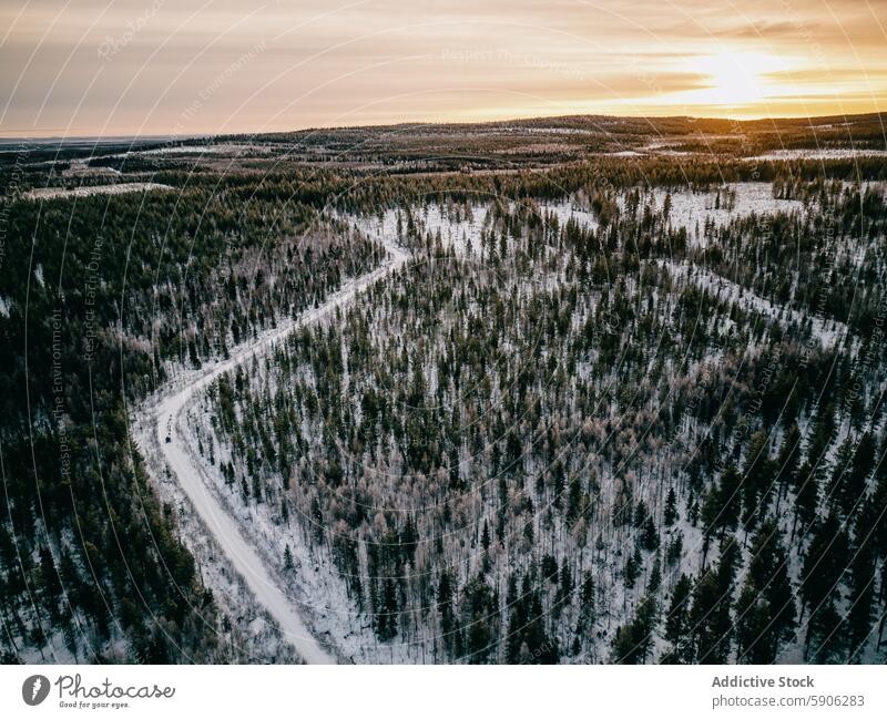 Luftaufnahme eines verschneiten Waldes und einer Straße in Lappland in der Abenddämmerung Schnee Sonnenuntergang Winter Landschaft Drohnenansicht Baum malerisch