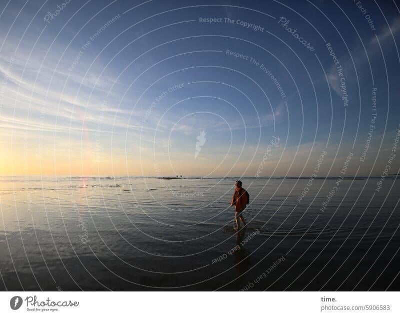 Frau vor Abendhimmel weiblich beobachten schauen spazierengehen Flachwasser Ostsee Sand Wolken Horizont Sommerwind Himmel Ferien & Urlaub & Reisen Erholung