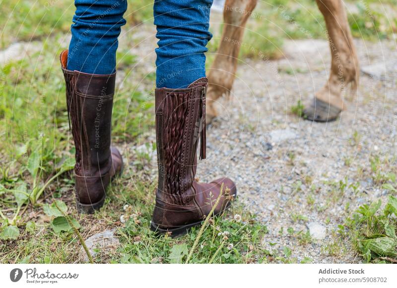 Anonyme Person in Reitstiefeln beim Spaziergang mit einem Pferd Reiterin Stiefel laufen im Freien Natur Weg Gras Ruhe Fokus gefranst Leder Boden Huf Tag