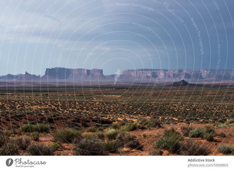 Ein Sturm nähert sich der zerklüfteten Landschaft des Monument Valley Unwetter wüst Spitzkuppe Sandstein trocken Ebene Himmel dunkel dramatisch Natur im Freien