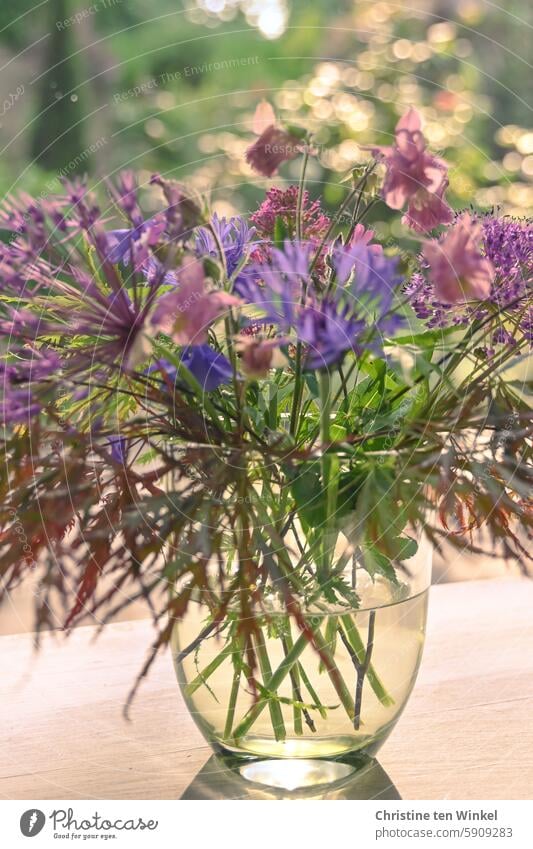 ein hübscher Blumenstrauß aus dem Garten steht draußen auf dem Tisch Akelei Zierlauch Bergflockenblume Schlitzahorn rosa violett lila Glasvase Gegenlicht Allium