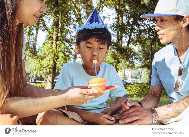 Asiatische Familie feiert den Geburtstag eines Kindes in einem sonnigen Park Sommer Feier asiatisch Picknick Tag im Freien Fröhlichkeit Freude Veranstaltung