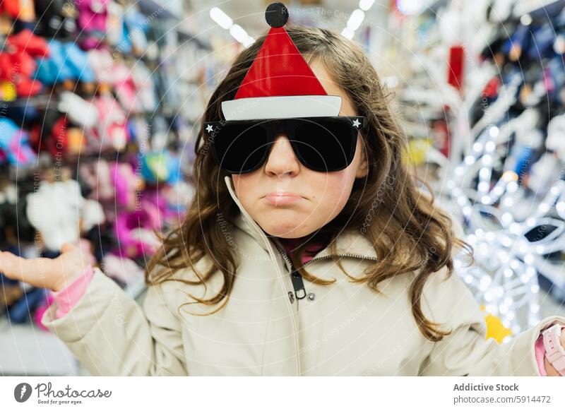 Junges Mädchen frustriert über Weihnachtseinkäufe in einem Geschäft Weihnachten kaufen Laden Frustration Weihnachtsmütze Sonnenbrille gestikulieren Merchandise