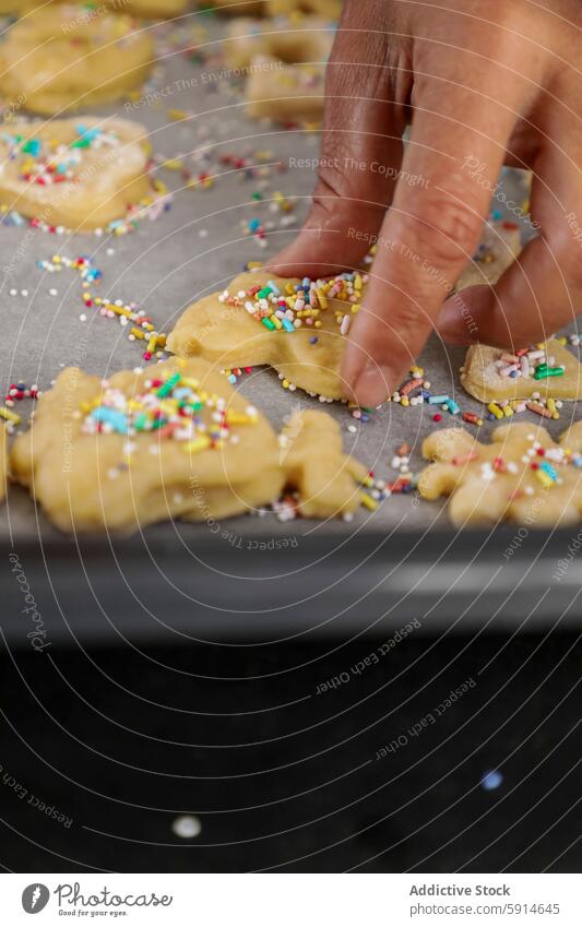 Tierförmige Zuckerplätzchen mit Streuseln verzieren Hand bestäuben Dekoration & Verzierung Backblech farbenfroh Nahaufnahme Küche selbstgemacht Gebäck Teigwaren