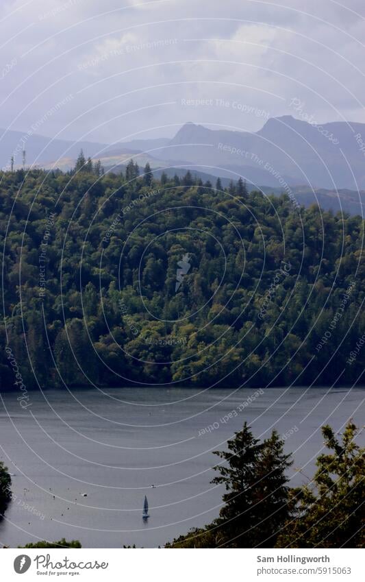 Lake Windermere in der Seenplatte, Großbritannien Seeufer vereinigtes königreich Baum Bäume Landschaft Landschaften Boot Boote Berge u. Gebirge Gebirgssee Cloud