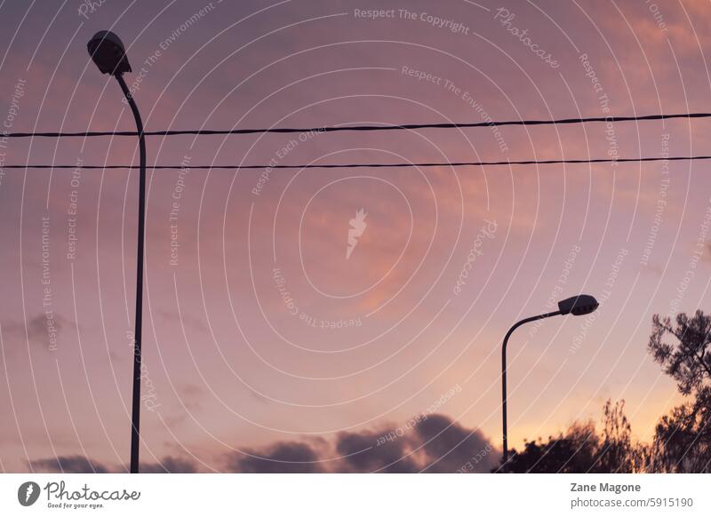 Lampen und Stromkabel bei Sonnenuntergang Straße Straßenbeleuchtung Elektrizität elec Licht Laterne Himmel Laternenpfahl Straßenlaterne leuchten Außenaufnahme