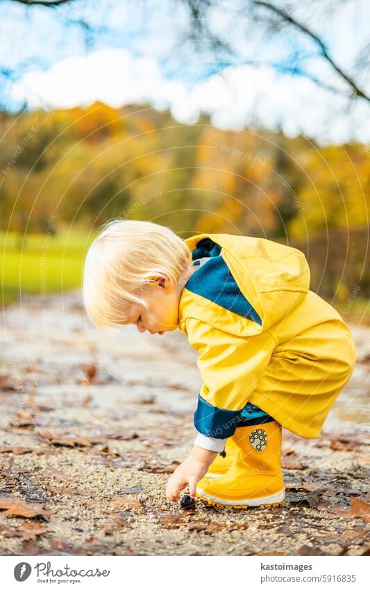 Sonne scheint immer nach dem Regen. Kleine Bindung Kleinkind Junge trägt gelbe Gummistiefel und gelben wasserdichten Regenmantel zu Fuß in Pfützen im Stadtpark auf sonnigen regnerischen Tag.