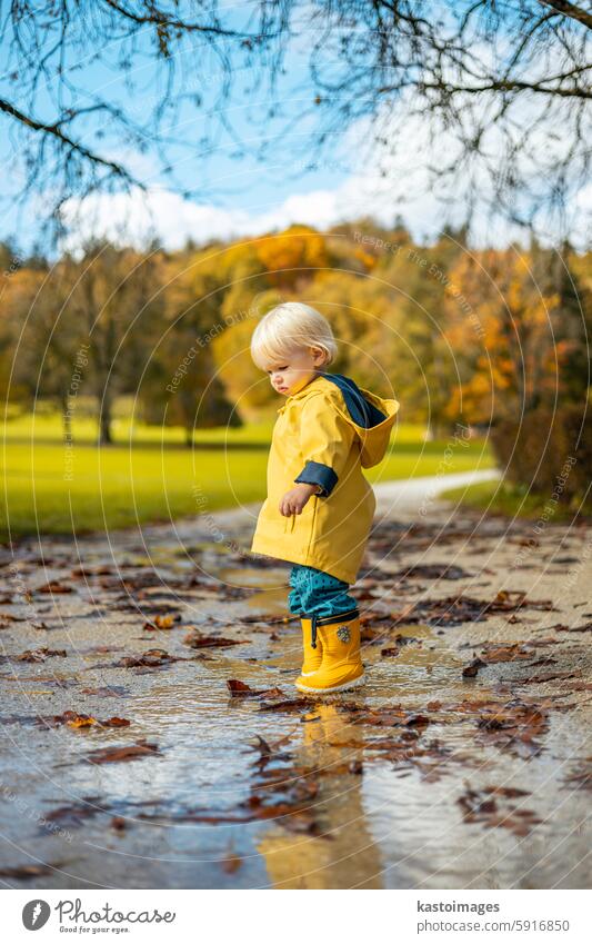 Sonne scheint immer nach dem Regen. Kleine Bindung Kleinkind Junge trägt gelbe Gummistiefel und gelben wasserdichten Regenmantel zu Fuß in Pfützen im Stadtpark auf sonnigen regnerischen Tag.