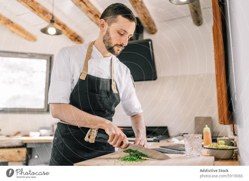 Privatkoch bei der Zubereitung einer Mahlzeit in der heimischen Küche Küchenchef Essen zubereiten Küchenkräuter zerkleinernd Mann Schürze heimwärts fokussiert