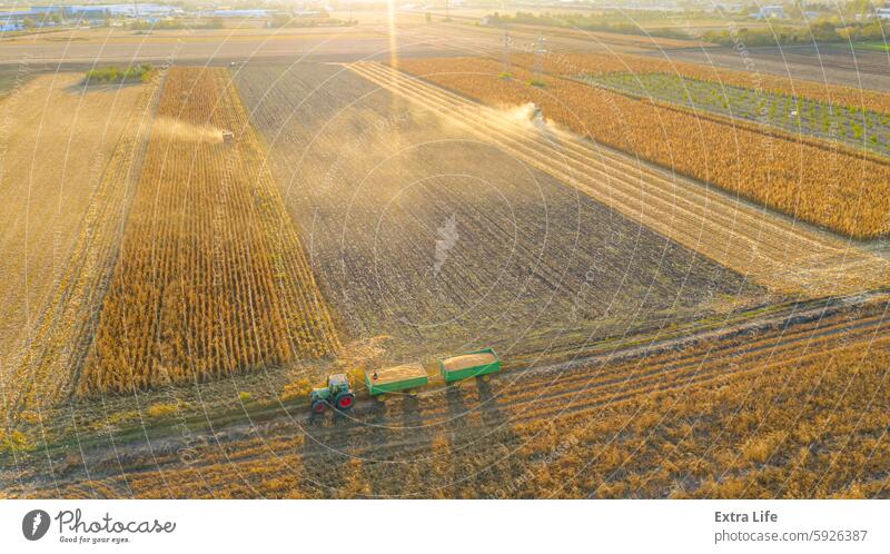 Luftaufnahme von Mähdrescher, Erntemaschine ernten reifen Mais oben Ackerbau Herbst Hintergrundbeleuchtung Müsli Kornfeld Land geschnitten geteilt trocknen