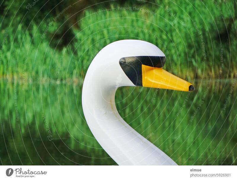 imitierter Schwanenkopf eines Tretbootes vor grünem Uferrand Imitation Nachahmung Modell Kopie Schwanenhals mein lieber Schwan nachahmen Blog Schnabel Seeufer