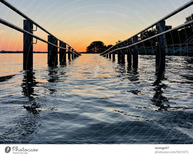 Abschied Steg Brücke Gangway Laufgang Zugangsbrücke Wasser See Himmel Meer Ostsee Sonnenuntergang Dämmerung Horizont Ferien & Urlaub & Reisen Abend ruhig Strand