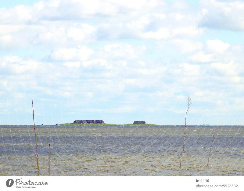 Hallig Gröde | immer den Pricken nach Sommer Nordsee Meer Watt Wind Fahrrinne See ruhig gekräuselt auf dem Meer vom Meer aus Horizont 2 Warften Wolkenhimmel