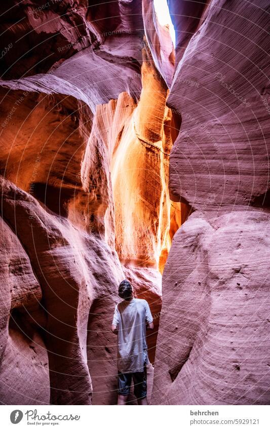 wenn wir einfach nur schauen Schlucht staunen unterwegs sein Kindheit Junge Felsen überwältigend Antelope Canyon USA Amerika Natur Ferne außergewöhnlich