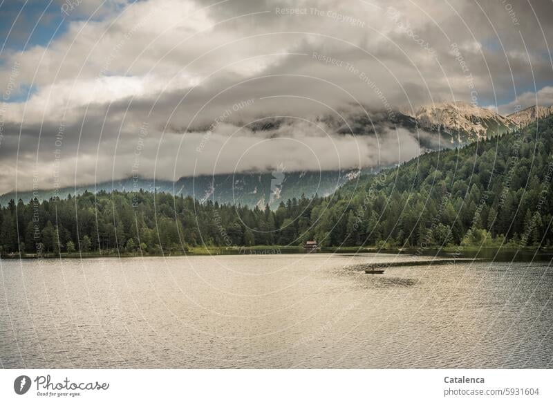 Der See mit Ruderboot am Morgen Wald Nebel Erholung Idylle Umwelt Seeufer Wasser Himmel Berge u. Gebirge Alpen Landschaft Natur Bergsee Wolken Wetter Grün Blau