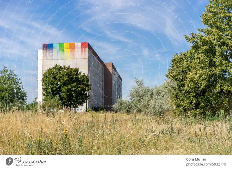 Leerstehender Wohnblock in Ostdeutschland mit Grafittibemalung in Regenbogenfarben Plattenbau leer unbewohnt Stendal Wegzug Leerstand Bemalung bunt Wiese Himmel