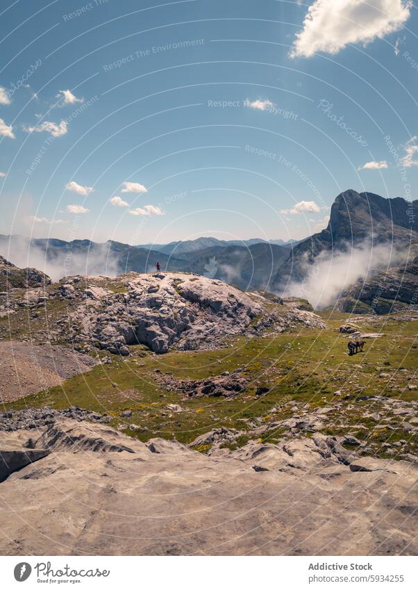 Erkundung der majestätischen Landschaft der Picos de Europa mit einem Wanderer aus der Ferne Entdecker Picoos de europa Kantabrien Berge u. Gebirge Felsen Nebel