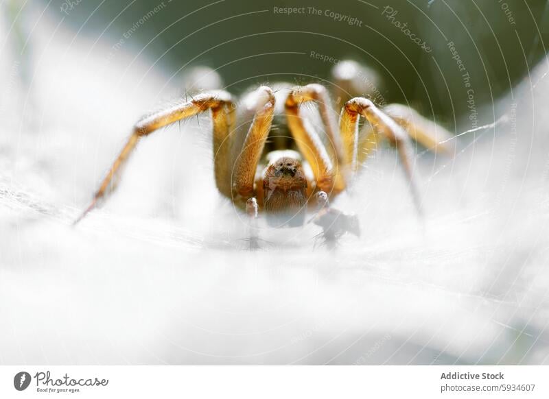 Nahaufnahme von Agelena labyrinthica auf einem zarten Netz Makro Spinne Detailaufnahme Licht Natur Tierwelt Insekt Spinnentier filigran Fauna Makro-Fotografie