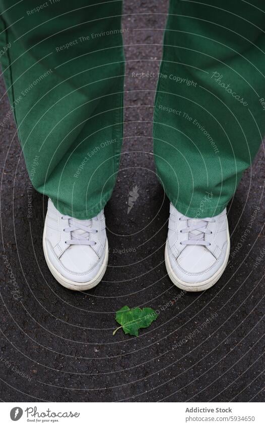 Auf einem Weg stehende Person mit einem grünen Blatt in der Nähe im Freien Schuhe Turnschuh weiß Hose Stehen Boden Mode Straßenkleidung lässig urban Großstadt