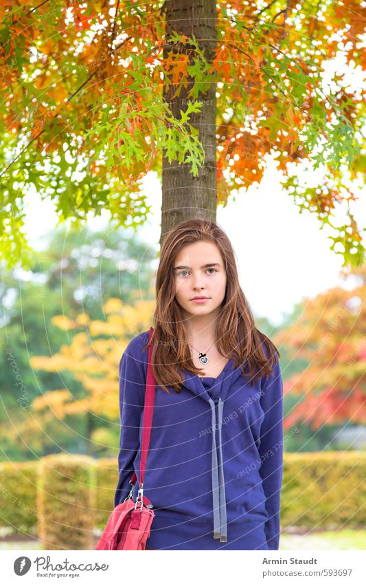 Mädchen mit Tasche unter einem Herbstbaum Lifestyle Mensch feminin Frau Erwachsene Jugendliche 1 13-18 Jahre Kind Natur Schönes Wetter Baum Park brünett