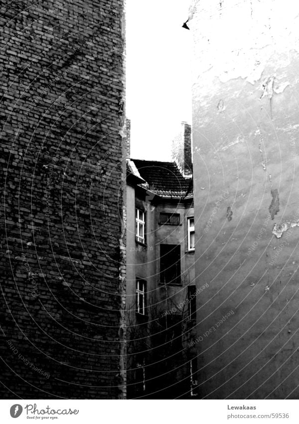 Eingekeilt Haus Gebäude Wand Hinterhof Fenster Licht rustikal trist schwarz weiß Stein Häusliches Leben Bauernhof Baustelle Schatten niesche alt karg