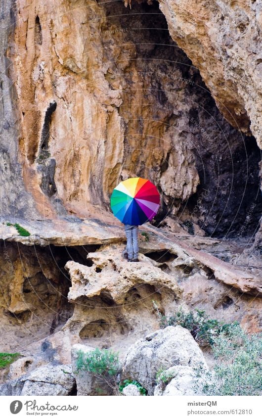 Als wenn man gegen eine Wand... Kunst ästhetisch Zufriedenheit Fernweh Kreativität Idee illustrieren mehrfarbig Farbfleck regenbogenfarben Regenschirm Felsen