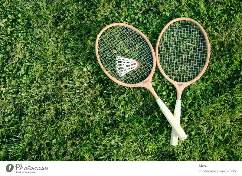 Gegenschlag der DDR Holz Badminton Gras Gitter Qualität Sport Rasen Ball liegen alt Textfreiraum links Objektfotografie 2 paarweise Spielen Federball