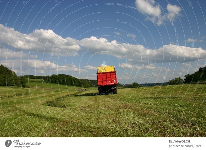 Rasenmäher XXL Gras Wiese Silo Wolken Landwirtschaftliche Geräte Traktor Sommer Futter Feierabend Landschaft trecker fahrn Ernte heimweg