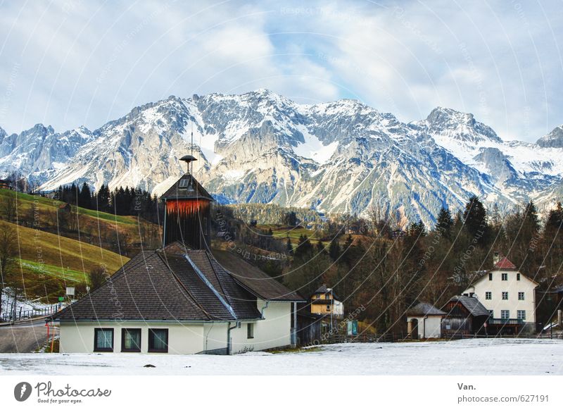 Urlaubsgrüße aus Österreich Natur Landschaft Himmel Wolken Winter Schönes Wetter Schnee Baum Gras Feld Felsen Alpen Berge u. Gebirge Gipfel