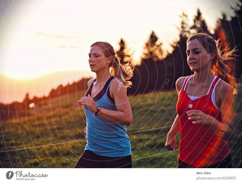 Sonnenlauf Lifestyle Gesundheit sportlich Fitness Berge u. Gebirge Sport Sport-Training Joggen feminin Junge Frau Jugendliche Freundschaft 2 Mensch 18-30 Jahre