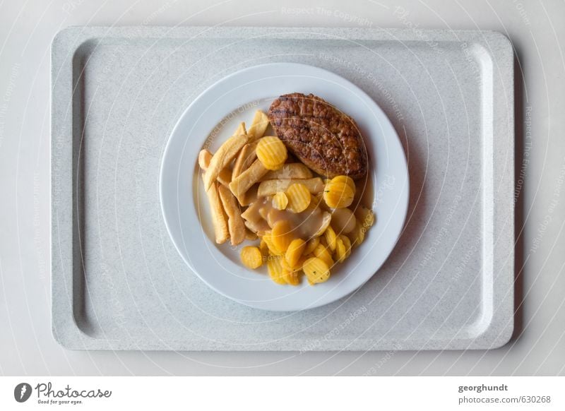 Mensa: gesunde Gelb-Braun-Tellermischung III Lebensmittel Fleisch Wurstwaren Gemüse Pommes frites Boulette Fleischklösse Möhre Ernährung Mittagessen Geschirr