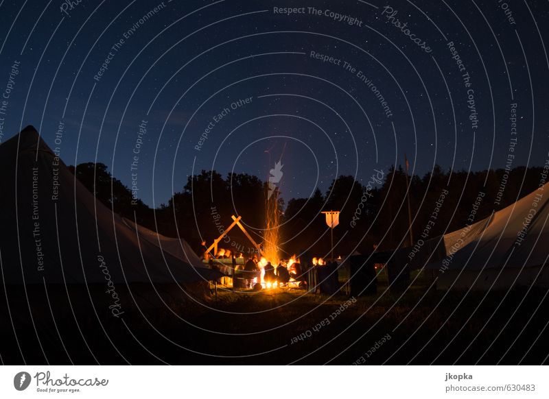 Outdoor Night Freude Abenteuer Freiheit Camping Sommerurlaub wandern Mensch Freundschaft Jugendliche Menschengruppe Natur Feuer Nachthimmel Stern Wald Zeltlager