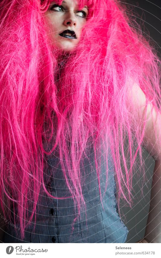 pink Haare & Frisuren Gesicht Schminke Lippenstift Feste & Feiern Karneval Mensch feminin Frau Erwachsene 1 langhaarig Perücke wild rosa Karnevalskostüm