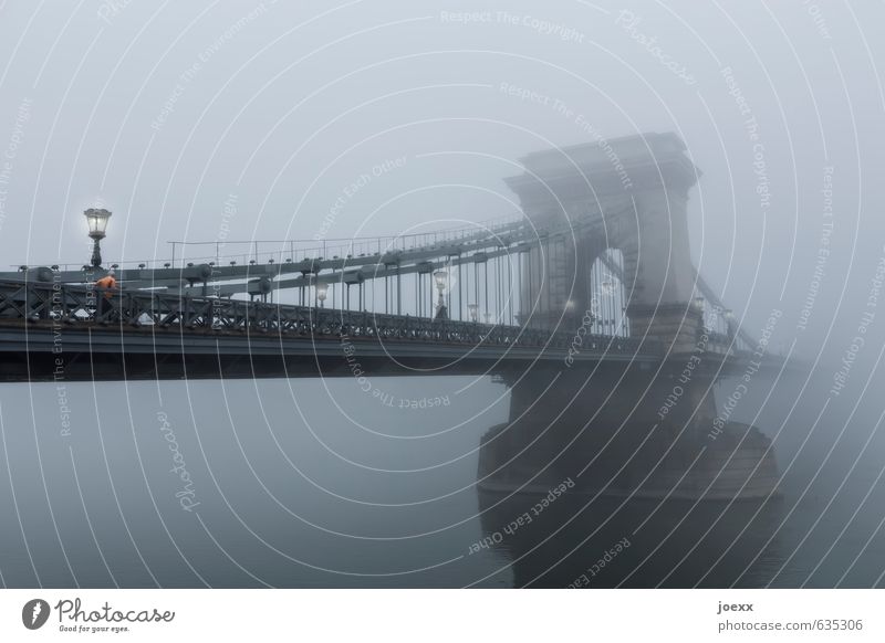 Jogger im Nebel auf der Kettenbrücke in Ungarn Wasser Wahrzeichen Brücke Joggen Frühsport alt historisch Sehenswürdigkeit Budapest grau Straßenbeleuchtung