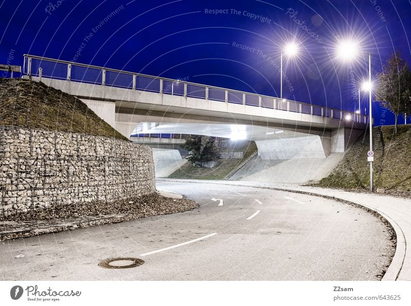 blaue Stunde Stadt überbevölkert Brücke Tunnel Bauwerk Architektur Verkehrswege Straße ästhetisch kalt modern Sauberkeit Design Einsamkeit Energie innovativ