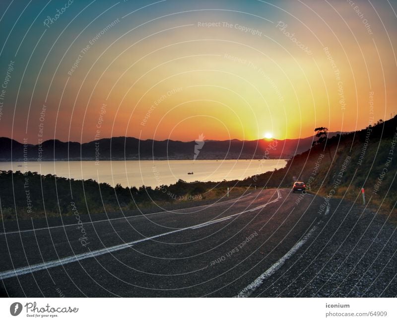 for sunset Licht Marmaris road car turkey forest line blue stone light fast blur motion agean sea mediterian