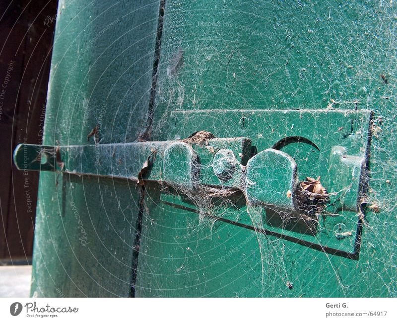 Ausschnitt eines alten Türriegels in flaschengrün mit Spinnweben überzogen  - ein lizenzfreies Stock Foto von Photocase