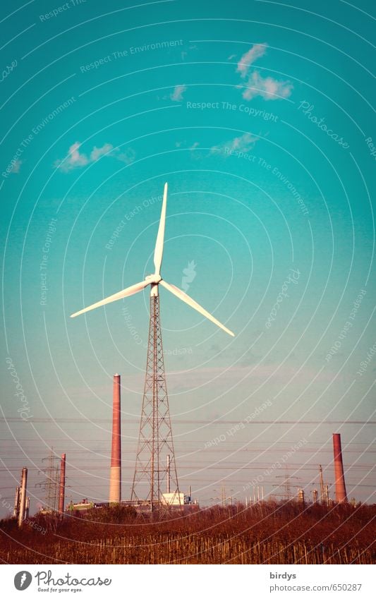 Windkraft nutzen Energiewirtschaft Erneuerbare Energie Windkraftanlage Himmel Schönes Wetter Industrieanlage drehen ästhetisch authentisch blau rot weiß