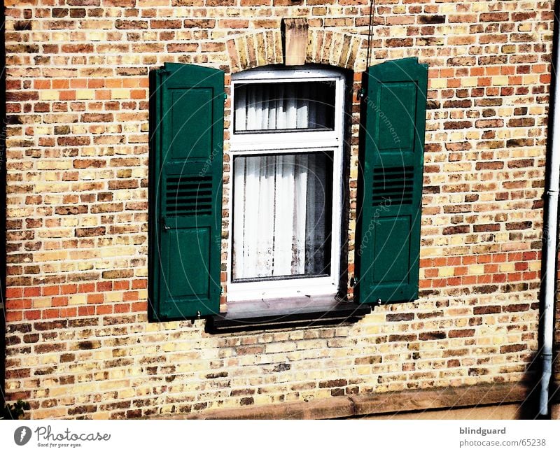 Wide Open Fenster Fensterladen Backstein Mauer Vorhang Haus gestrichen bearbeitet Rollladen Altbau Wand Glasscheibe Regenrinne grün rot beige window