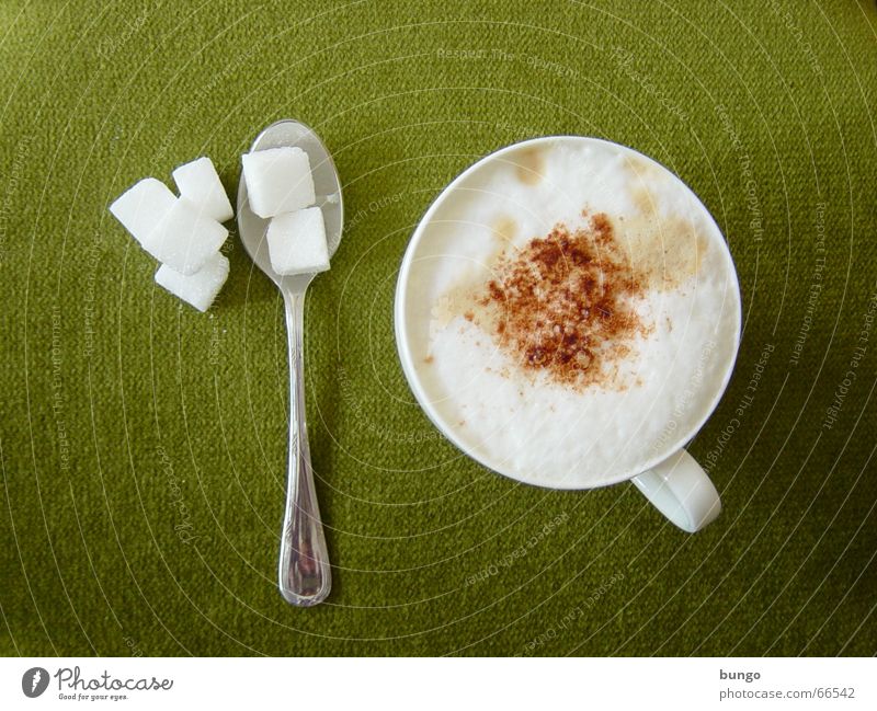 quies Farbfoto Schokolade Kakao Kaffee Tasse Löffel Erholung ruhig Stoff genießen süß braun grün Frieden Cappuccino Kaffeetasse Milchkaffee Zucker Mittagspause