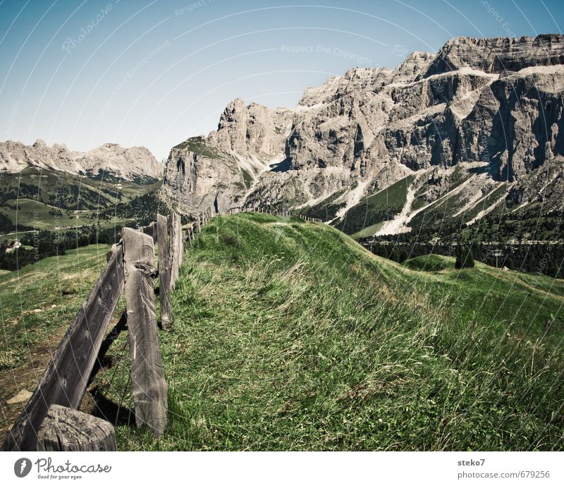 Kuhplanken Sommer Schönes Wetter Gras Alpen Berge u. Gebirge natürlich blau grau grün Ferien & Urlaub & Reisen Dolomiten Weide Zaun Holz Alm Farbfoto