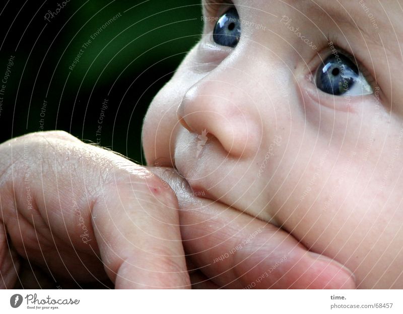 Kann ich dir trauen? Gesicht Kind Baby Kleinkind Mann Erwachsene Finger Neugier Vertrauen Frieden Kontakt Wunsch saugen Wange blaue augen unvoreingenommen