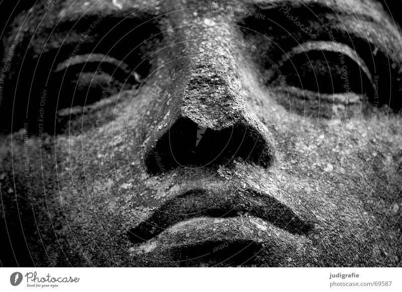 Gelassen Gelassenheit Physik Porträt Sandstein Kalk Skulptur schwarz weiß Riss trocken Gesicht Auge Nase Mund Blick ruhig Güte Müdigkeit Charakter Stein rau