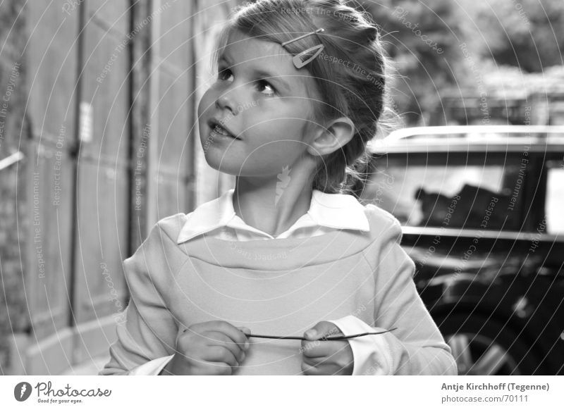 Kleiner Schelm Mädchen Freundlichkeit süß zierlich Junge Kindergarten Heidi Zopf verträumt offen Porträt Außenaufnahme Gebäude süsse maus Prinzessin Fee Auge