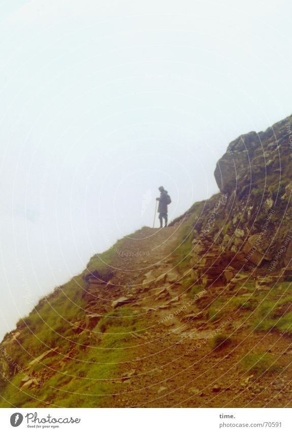 Himmelwärts Farbfoto Außenaufnahme Berge u. Gebirge wandern Natur Nebel Felsen Einsamkeit Perspektive Schottland Geröll Suche früher Ereignisse Berghang
