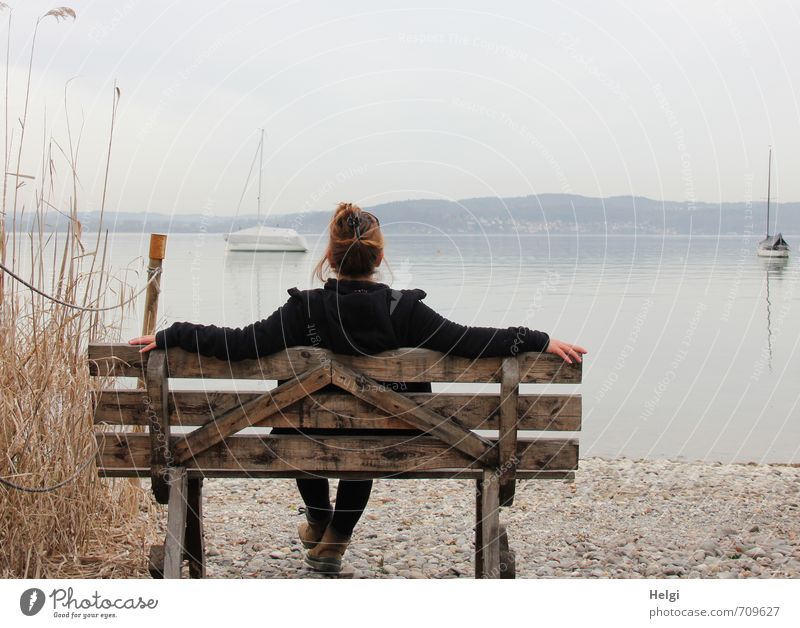 Rückansicht einer Frau mit hochgesteckten brünetten Haren und dunkler Jacke sitzt auf einer Holzbank und schaut auf einen See im Nebel Wohlgefühl Erholung ruhig