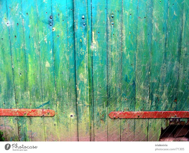 Tor zur Welt aufmachen Scharnier Bauernhof grün rot abblättern Anstrich Tür Farbe blau Loch katzenloch alt Bodenbelag trekker Fantasygeschichte tor zur welt
